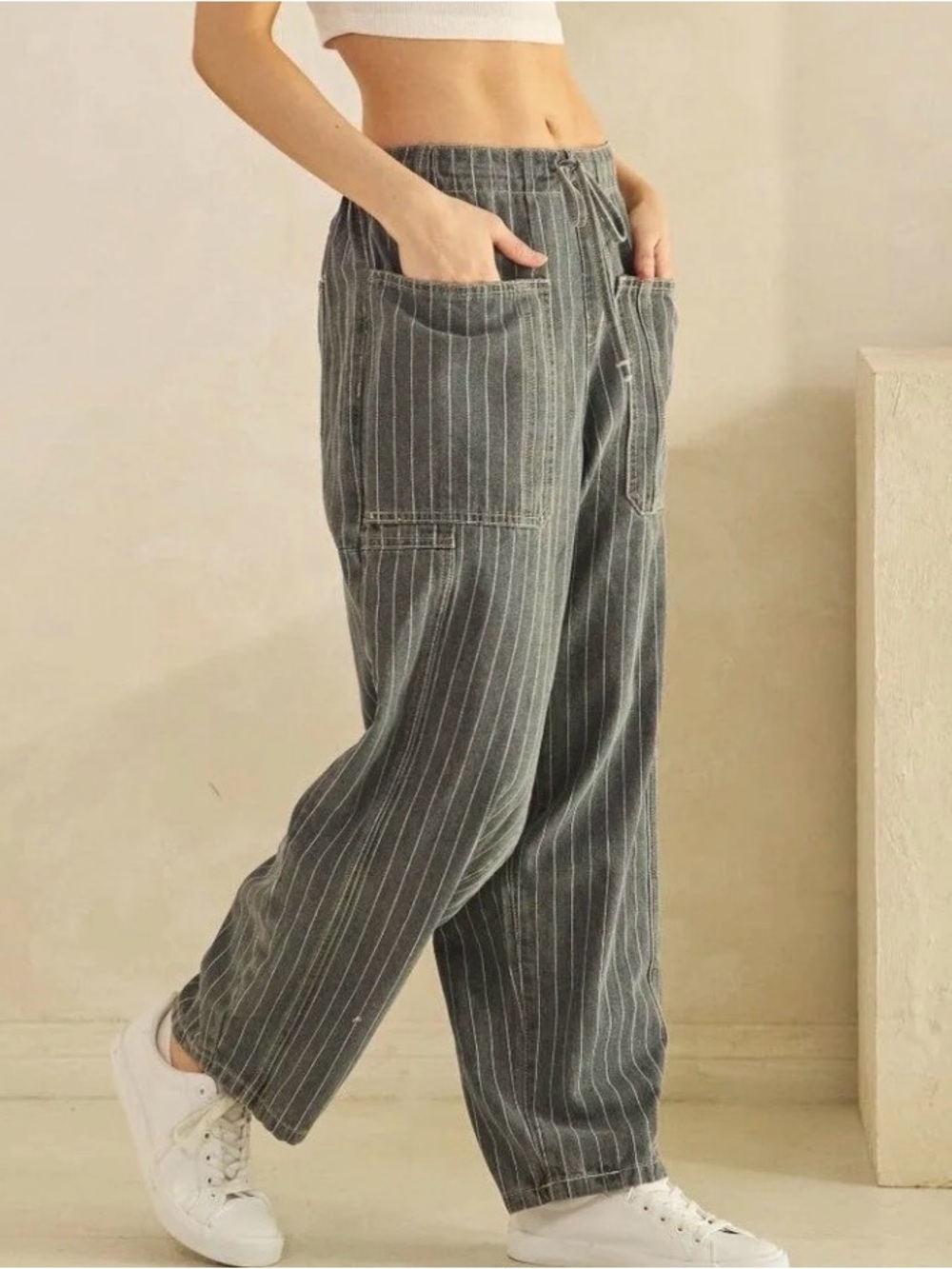 Wide-Leg Pinstripe Drawstring Jeans - Gray